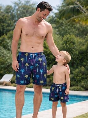 Dad and son, Member's Mark Palm Tree Swim Trunks - Navy with Teal, Pink & Lime